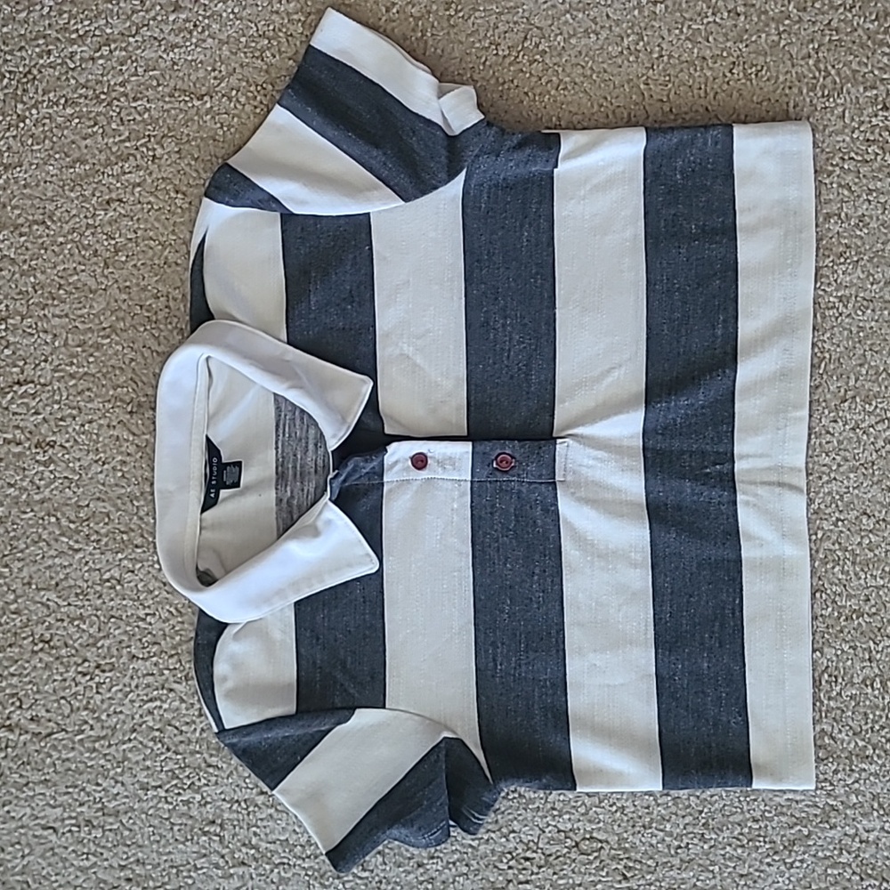 AE Studio cropped short-sleeved striped polo, size small, heather grey and white